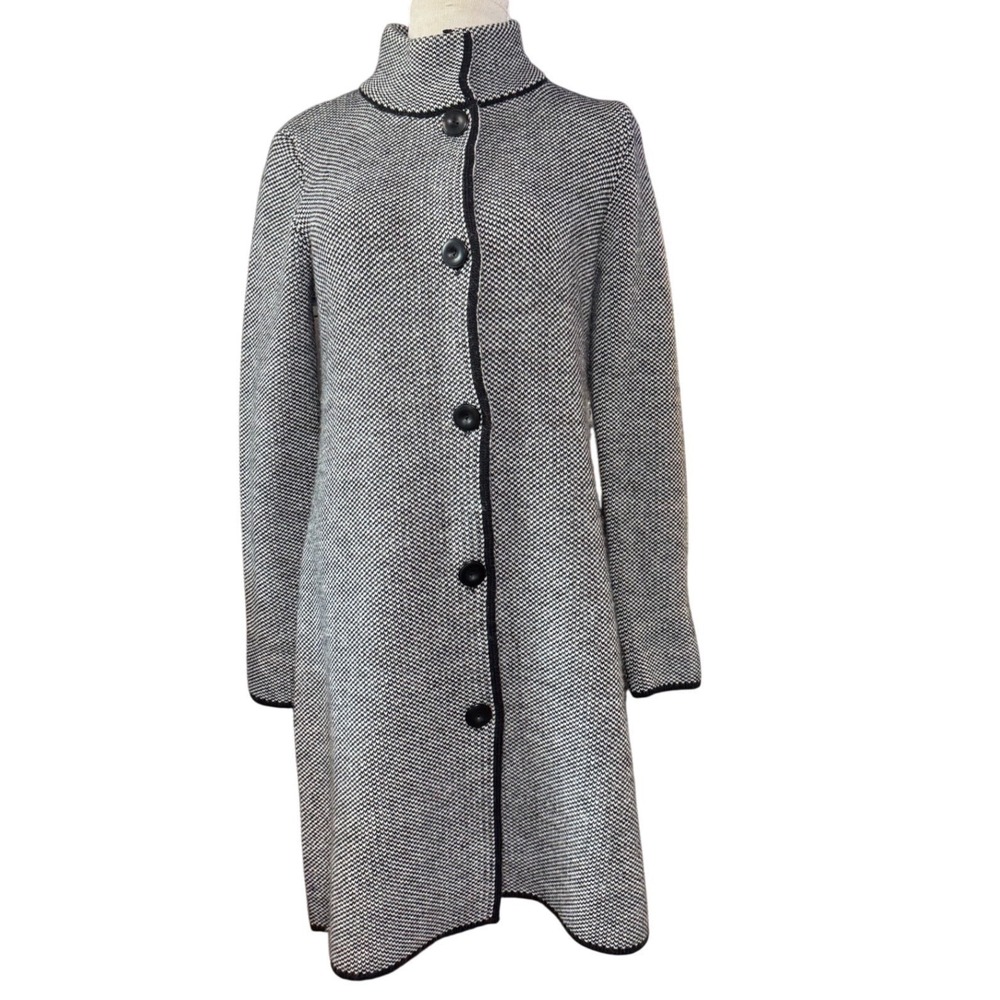Cocogio Knit Long Cardigan Coat Womens L Black White Wool Blend Button Mock Neck
